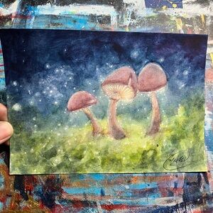 Mushroom Watercolor Painting Original Art Glowing Fungi Forest Artwork